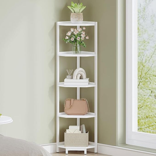 Hzuaneri Corner Shelf Stand 5-Tier Corner Bookshelf Storage Standing Shelf | Bookcase Plant Stand with Metal Frame for Living Room, Home Office, Bedroom, White CS05913W