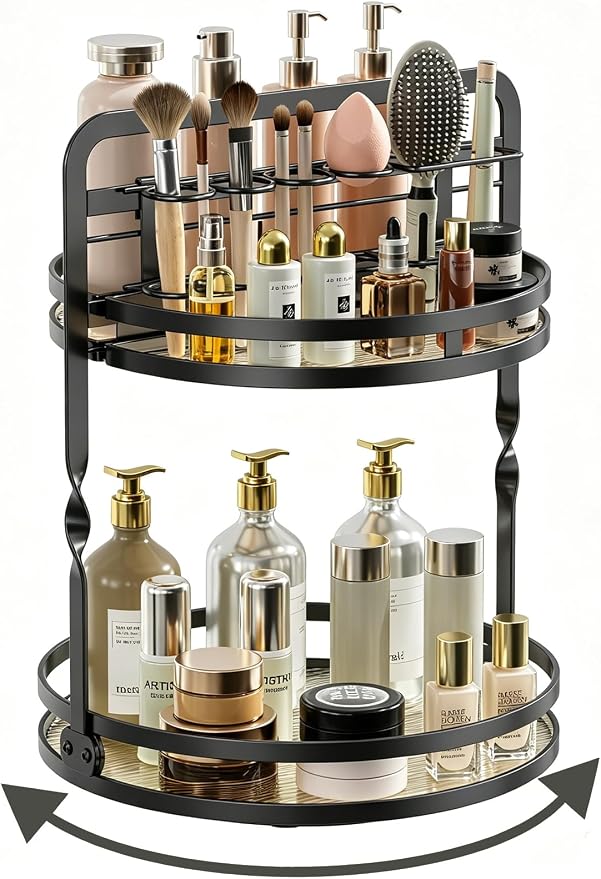 Rotating Makeup Vanity Organizer, 360 Spinning Perfume Organizer | 2-Tier Black Bathroom Countertop Organizer, Lazy Susan Counter Shelf Skincare Storage, Perfume Stand with Makeup Brush Holder