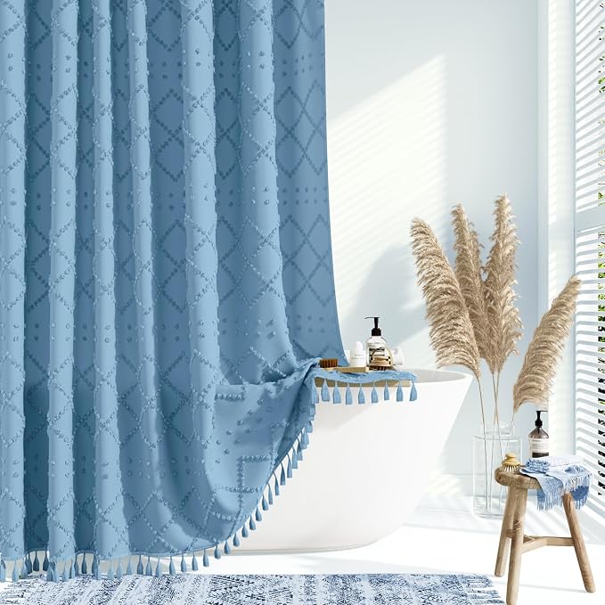 Long Boho Shower Curtain Tufted Geometric 72"x78" Moonlight Blue | 78 Inch Tall, Elegant Tassel, Lightweight Textured Fabric, Water Repellent, Washable, Hotel Spa, for Bathroom/Dorm 12 Hooks