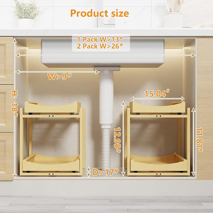 Bamboo Under Sink Organizer Adjustable Height 2 Tier Bathroom Organizer Pull Out Cabinet Storage Kitchen Heave Duty Wood Slide Ou Shelf for Kitchen Bathroom (Black, 2 Packs) (Nature, 2 Packs)