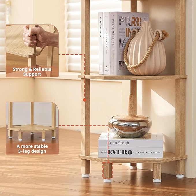 YUFAM 3-Tier Corner Shelf, Natural | Wooden Small Corner Table with Sturdy 5-Leg Base, Wooden Corner Bookshelf for Adjustable Base for Bathroom