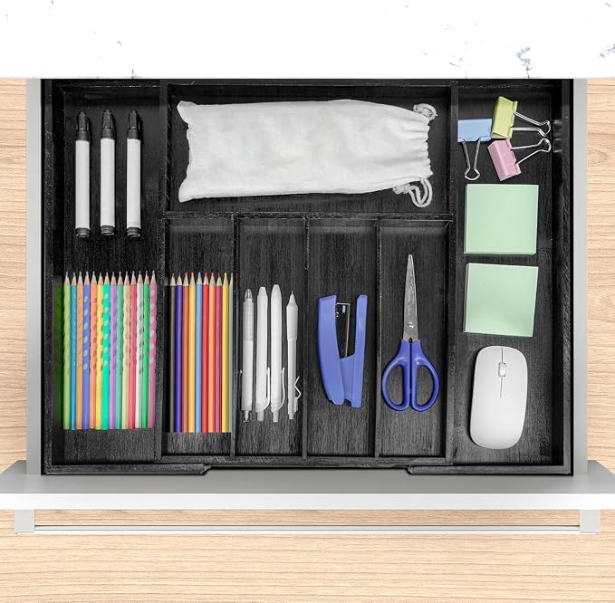 VaeFae Bamboo Drawer Organizer, Large, Black | Cutlery Drawer Holder, Drawer Divider for Silverware, Flatware，43 cm D x 32-55 cm W, 5-7 Slots, Black