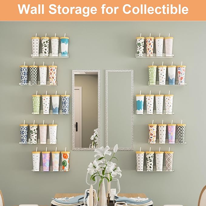 upsimples 14 Pcs 15" Acrylic Shelves for Wall Display and Storage, Clear | Transparent Design Highlights Skincare, Perfume, Easy-to-Find Versatile Floating Shelves for Bathroom, Bedroom and Playroom