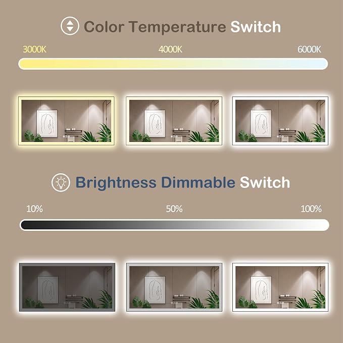 55x30 Inch LED Bathroom Mirror with Black Frame | Black Metal Frame, Front and Backlit, 3 Colors, Dimmable, Memory, Anti Fog, Tempered Glass, Lighted Mirror for Wall