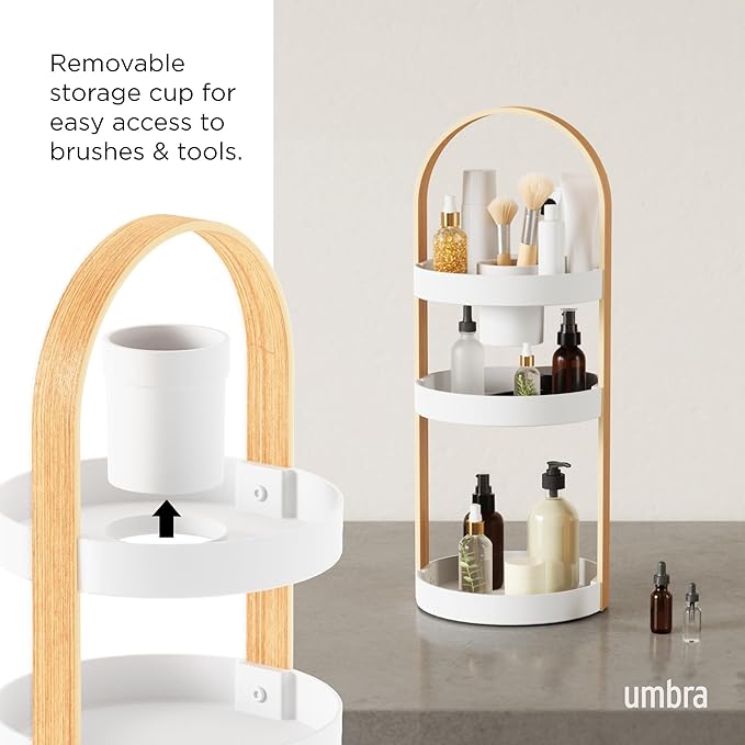 Umbra Bellwood Makeup Organizer, with Handle, Large, White/Natural | Three tier capacity, removable brush cup, integrated carry design, vanity countertop use, sixty percent recycled plastic