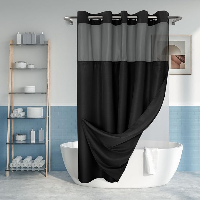 River Dream Long No Hook Slub Textured Shower Curtain with Snap-in PEVA Liner Set - 71" x 77"(75"), Hotel Style with See Through Top Window, Black Fabric Curtain & Waterproof Liner, Black, 71x77 | Snap on/off Waterproof PEVA Liner, See Through Top Wind...