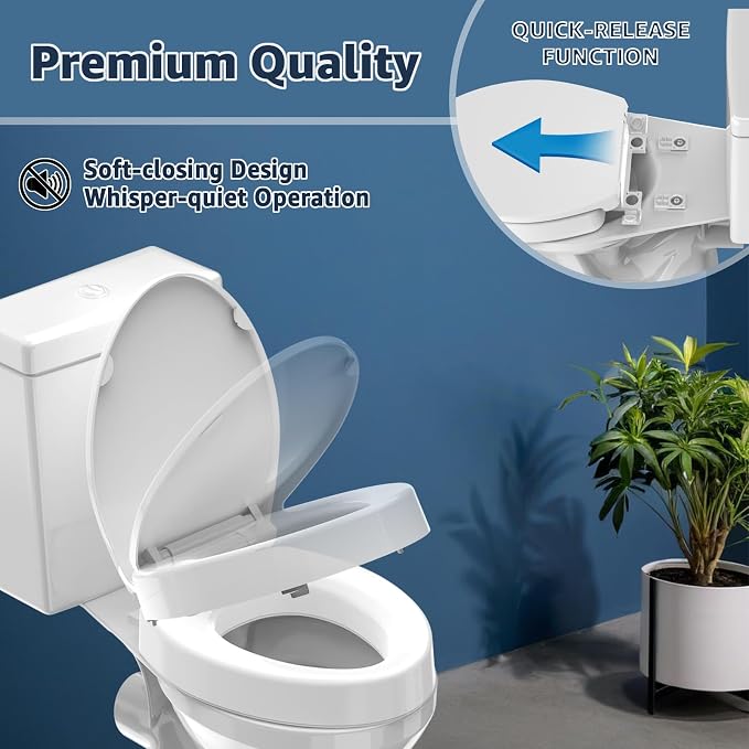 Huttdmel Raised Elongated Toilet Seat 18.5'' for Seniors – Soft Close, Quick Release & Connect, Sturdy PP Material, Won’t Loosen, Ideal for Elderly & Limited Mobility, White