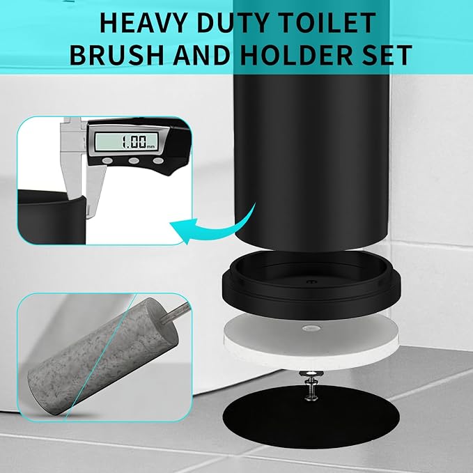 Toilet Brush and Holder Set,304 Stainless Steel Toilet Brush for Bathroom with Long Handle, Heavy Duty Toilet Bowl Brush,Removable Inner Bowl and Splash Protection,Deep Cleaning (Black)