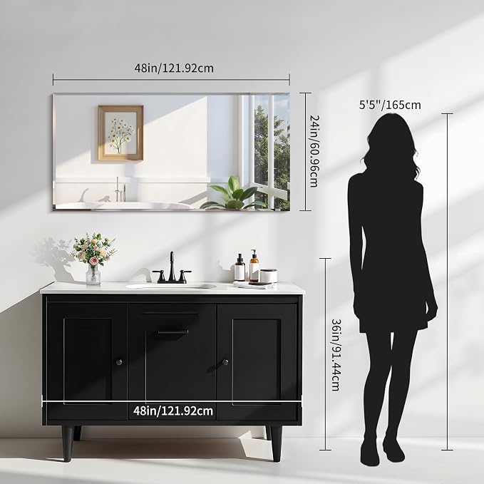 KOCUUY Beveled Mirror, 24x48 Inch Frameless Bathroom Mirror for Over Sink, Upgraded Shatterproof Beveled Unframed Design Mirror for Bathroom, Bedroom, Hang Horizontal/Vertical