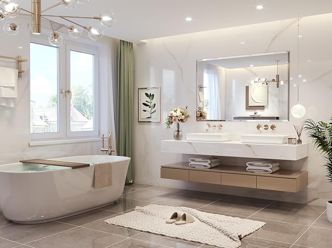 Frameless Bathroom Mirror, 55"x36" Beveled Bathroom Mirror | Wall Mount Mirrors for Vanity Bedroom Entryway Living Room Hangs Horizontally or Vertically