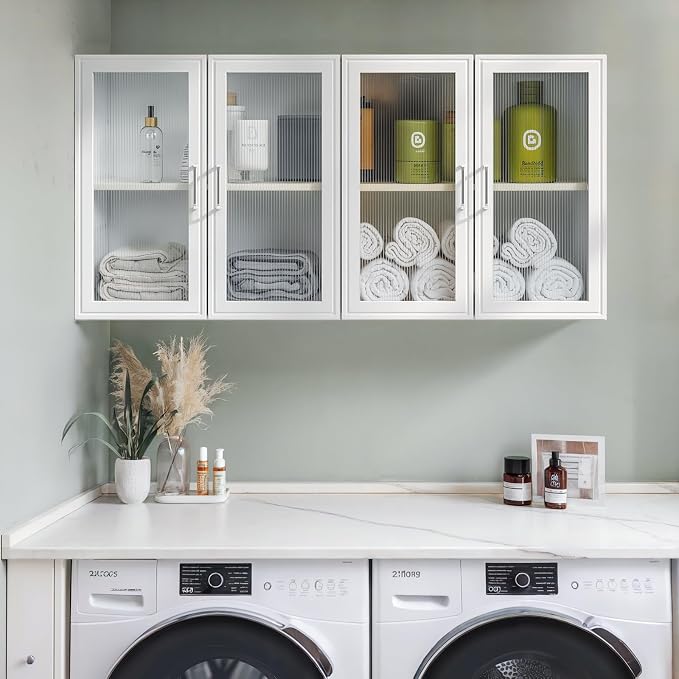 FIMELLO 24’’ Laundry Room Cabinets Set of 2, Bathroom Wall Cabinet Storage Acrylic Glass Doors, Kitchen Cabinets with Adjustable Shelf, Medicine Cabinets for Bathroom, White Bathroom Cabinet