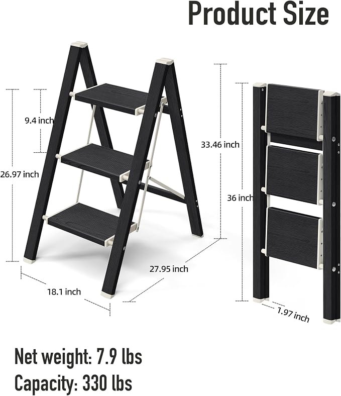 Mayi Plus 3 Step Stool Foldable, Aluminum, Lightweight Step Ladder | Extra-wide anti-slip folding steps with 330 lbs, for home,kitchen,office,outdoor,Ebony woodgrain