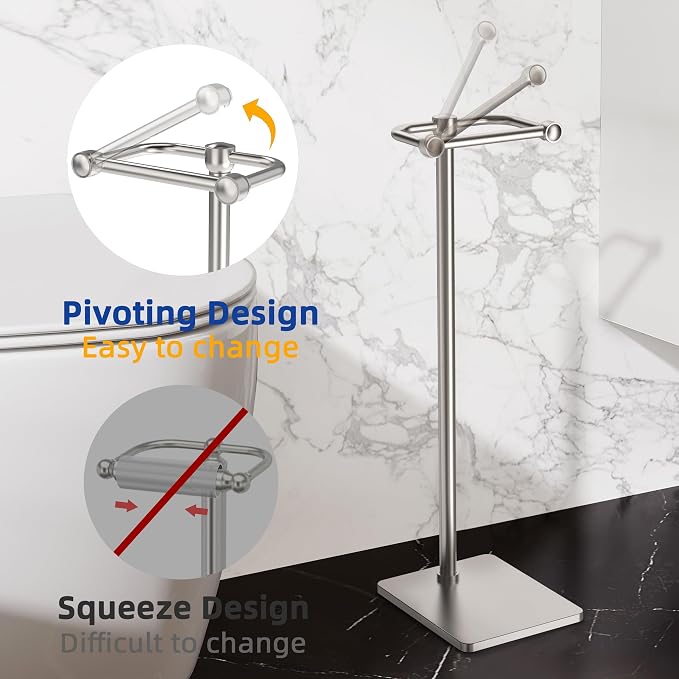 RUACQ Bathroom Toilet Paper Holder Stand, Brushed Nickel | Dual-Post Pivoting Free Standing Toilet Roll Holder with Weighted Base, Anti-drop Design 304 Stainless Steel Tissue Stand