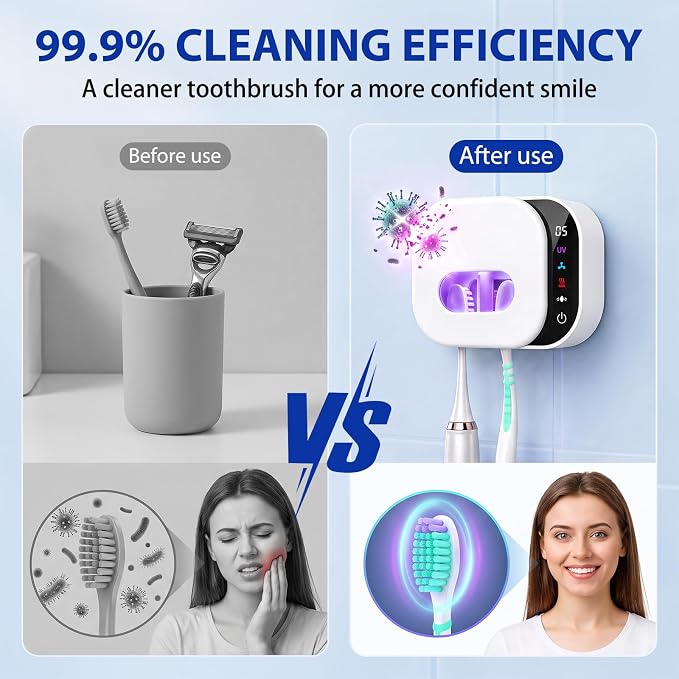FamilyKit Toothbrush Cleaner Holder, Infrared Sensing & Drying with 2 Slots | Portable Toothbrush Covers Case, Wall Mounted Tooth Brush Holder with LED Smart Display & Hot Air Drying for Home Travel