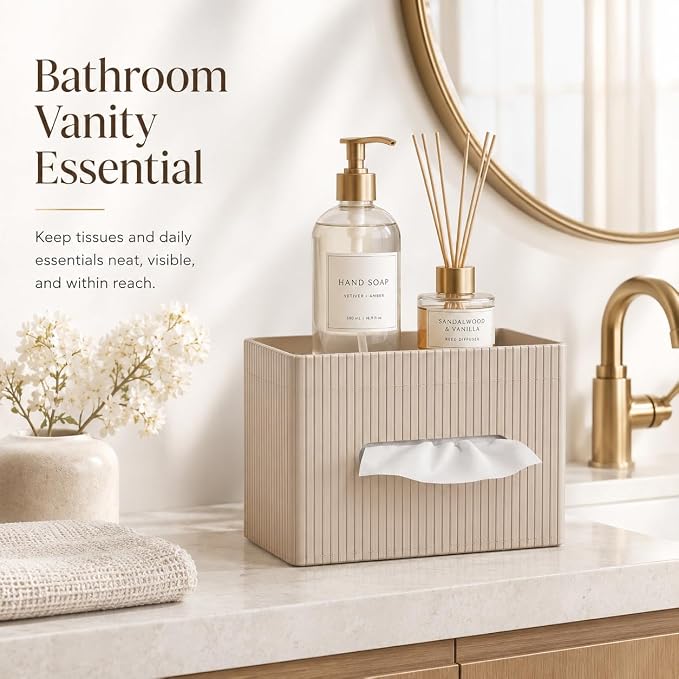 Ribbed PU Leather Tissue Box Cover with Storage Tray, Rectangular Facial Tissue Holder for Bathroom Vanity, Nightstand & Office Desk, Modern Decorative Tissue Dispenser (Warm Beige)
