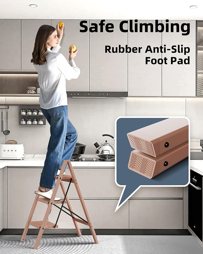 HillhutApex 3 Step Stool Foldable Ladder,Aluminum Step Ladder | Folding Lightweight Stable Stool with Wide Non-Slip Pedals, 330lbs Bearing Capacity Ladder for Office,Home,Kitchen-Light Pink