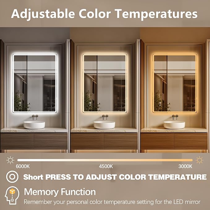Niccy Led Mirror for Bathroom, 40"x30" Frameless Frontlit and Backlit Mirrors for Wall Lighted Mirror with Bedroom 3 Color, Defogger, Explosion-Proof, HD Glass, IP65 Vanity Horizontal/Vertical