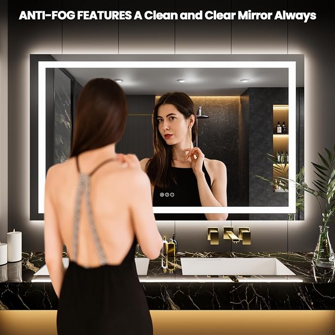 LOAAO 65"X40" LED Bathroom Mirror with Lights | Anti-Fog, Dimmable, 3 Color Temperature, Backlit + Front Lit, Memory Function, Tempered Glass, UL Listed