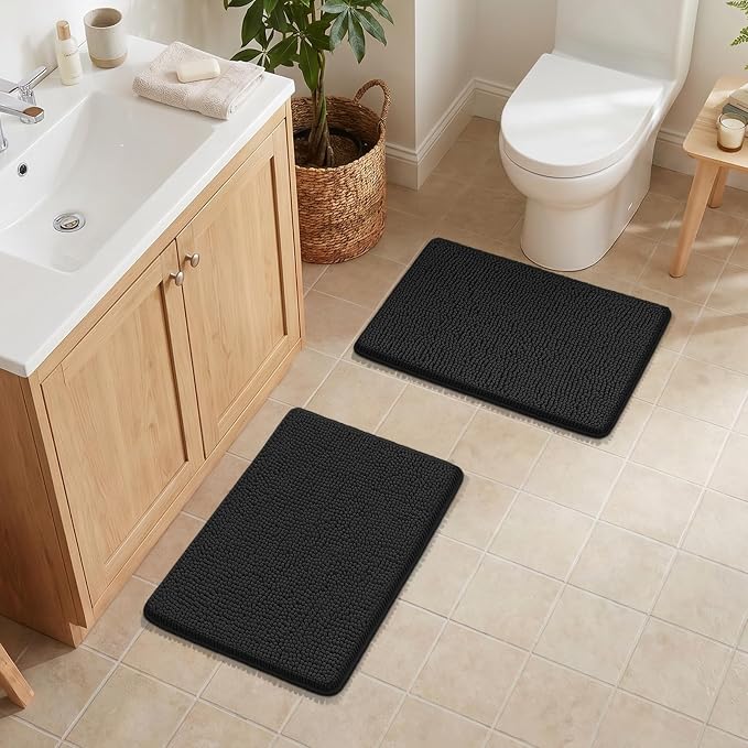 Bcoimo Bath Rug Mat Set,2 Piece Thick Absorbent Chenille Bathroom Mat Black | Non Slip with Rubber Backing 24x17 Bathroom Rug set; Machine Washable;Extra Soft Rugs;High Absorbent、Quick Dry Microfiber mat