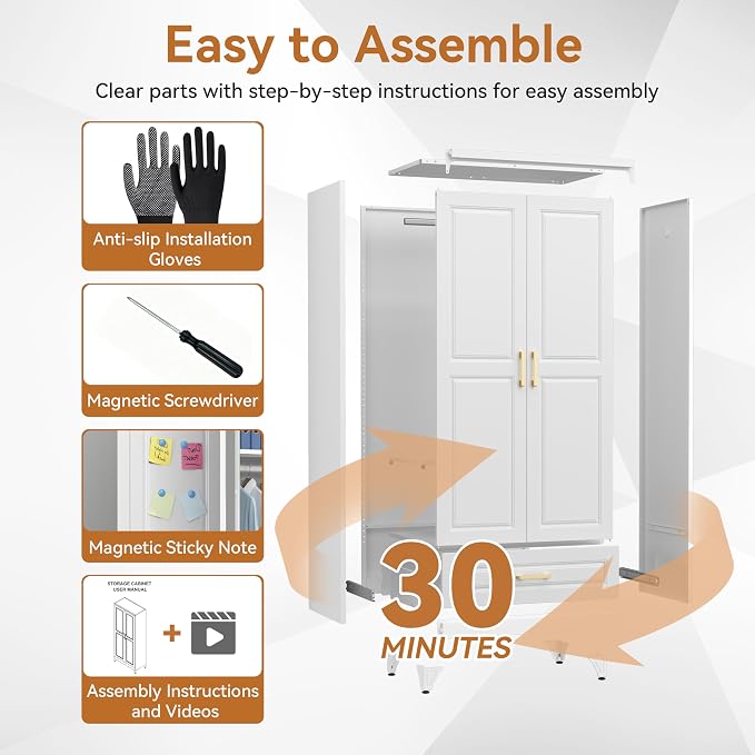 Polup 71" White Metal Wardrobe Closet with Doors and 1 Drawer | Tall Steel Armoire, Hanging Rod, Adjustable Shelves, Sturdy Freestanding Clothes Organizer for Bedroom, Laundry & Office