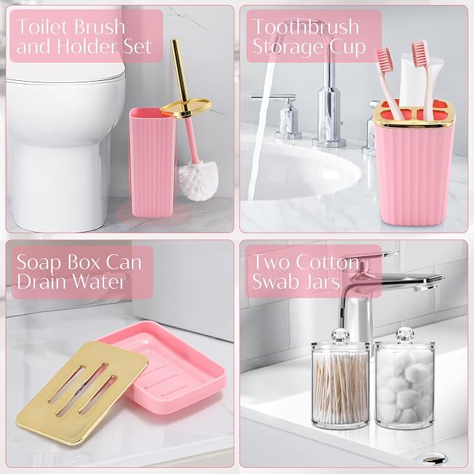 17PCS Bathroom Accessories Set, Pink Bathroom Set Bathroom Accessories Set with Trash Can, Toilet Brush, Toothbrush Holder, Qtip Holder & 3PCS Soap Dispenser