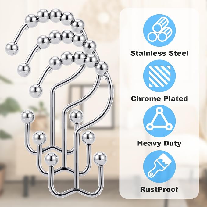Shower Curtain Rings,Shower Curtain Hooks,Rust Proof Secure Lock Ring Clips for Hanging Bathroom Curtain (Silver E-Hooks)