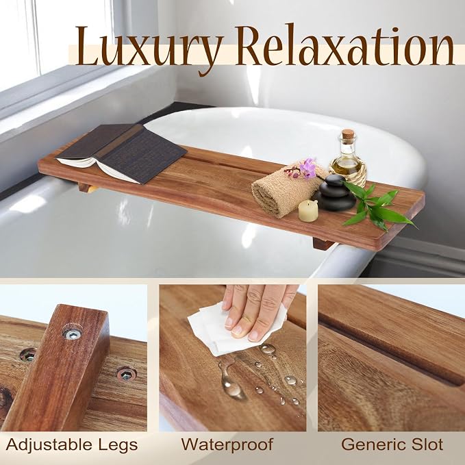 1.2IN Thickened Board Acacia Wood Bathtub Tray Caddy for Freestanding Tub | Minimalistic Design, Adjustable Legs, 35"L × 9"W, 1.2IN Thickened Board,Fits Most Bath Tubs, Idea for Women