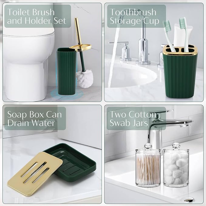 17PCS Bathroom Accessories Set, Dark Green Bathroom Set Bathroom Accessories Set with Trash Can, Toilet Brush, Toothbrush Holder, Qtip Holder & 3PCS Soap Dispenser
