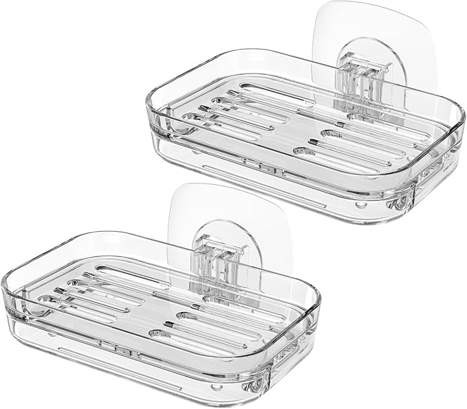 Soap Dish for Shower Clear Soap Holder with Strong Adhesive(2Pack) | No drilling self-draining design pull-out drip tray perfect for rv bathrooms & kitchens—keeps soap dry mess-free easy clean