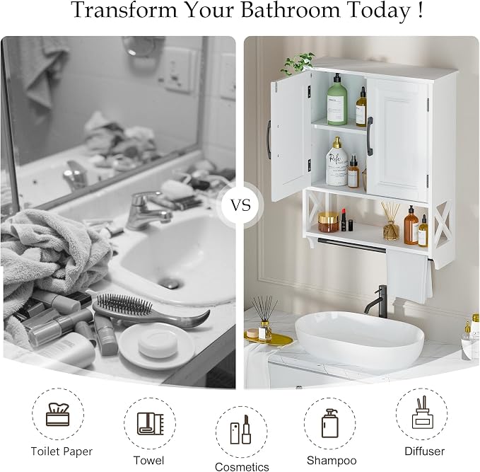 20" x 25" Bathroom Wall Cabinet with Towel Bar, White Painted Wall Mounted Storage Cabinet with Adjustable Shelf, Over The Toilet Medicine Cabinet, Wood Wall Cabinet for Bathroom Laundry Room