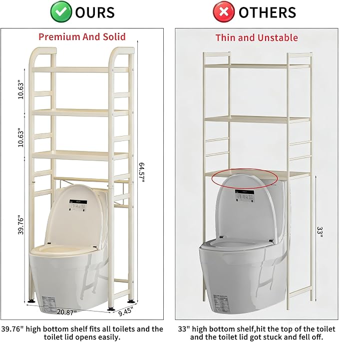 Over The Toilet Storage Rack, Space Saver for Small Bathroom, Cream | 3 Tier Freestanding Shelf Organizer, Heavy Duty Oval Tube, 4 Hooks, Metal, Sturdy Above Toilet Storage,Rustproof,Suction Cup