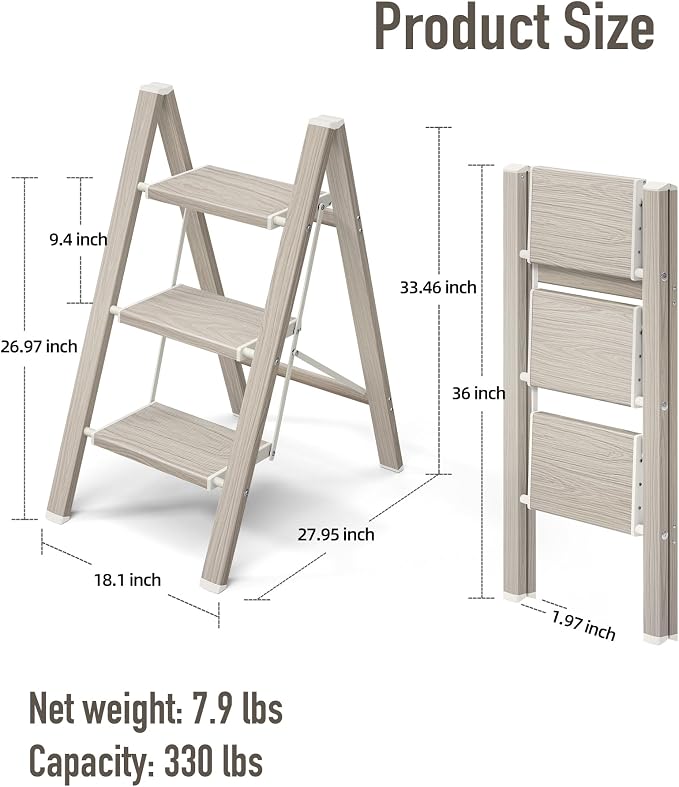 Mayi Plus 3 Step Stool Foldable, Aluminum, Lightweight Step Ladder | Extra-wide anti-slip folding steps with 330 lbs, for home,kitchen,office,outdoor,Fir woodgrain