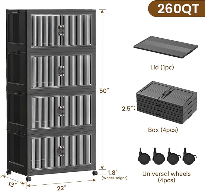 SAILUN 260Qt Stackable Storage Bins,Storage Cabinet with a Lid,4 Pack Black | Stackable Storage Drawers with Lids,22" W x 13" D x 50" H,Featuring open-front Access for Clothes and Closet Storage