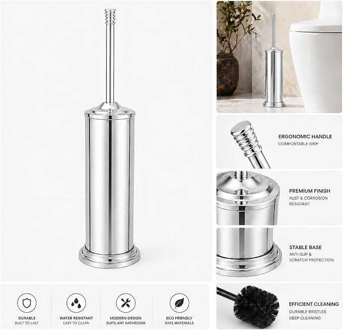 Chrome Toilet Brush and Holder Set，Extra Long Handled Toilet Bowl Brush and Holder，Stainless Steel Heavy Duty Toilet Brush for Bathroom,Deep Cleaning Modern Toilet Cleaner Slip Base
