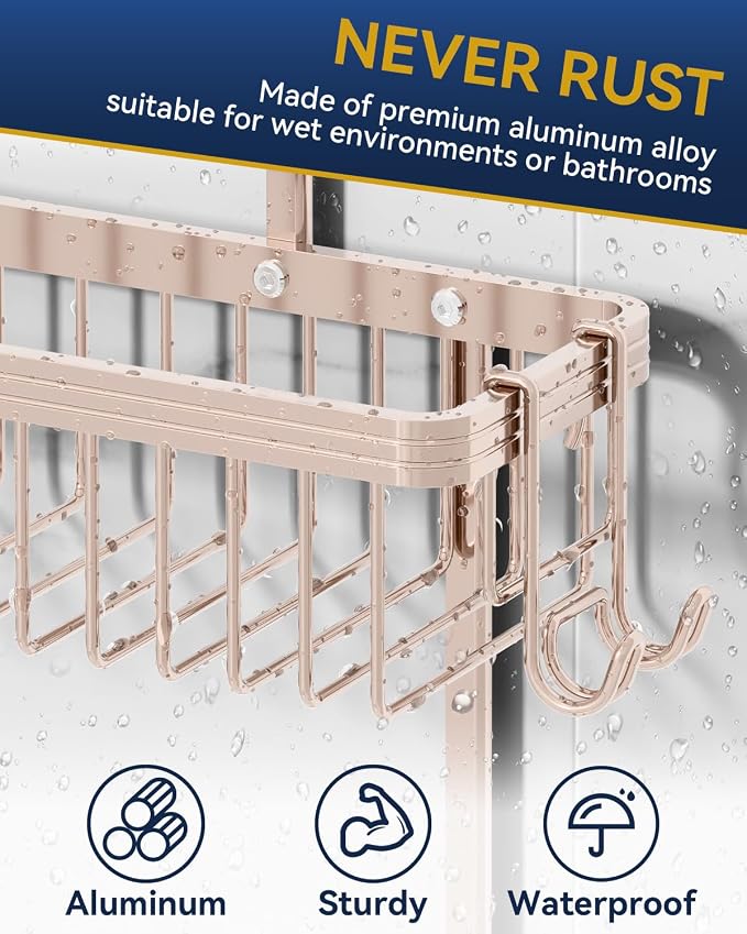 Never Rust Shower Caddy Hanging, Aluminum Shower Racks for Inside Shower, 2-Tier Shower Organizer Hanging Over Shower Head with Hooks and Soap Holder, Rose Gold
