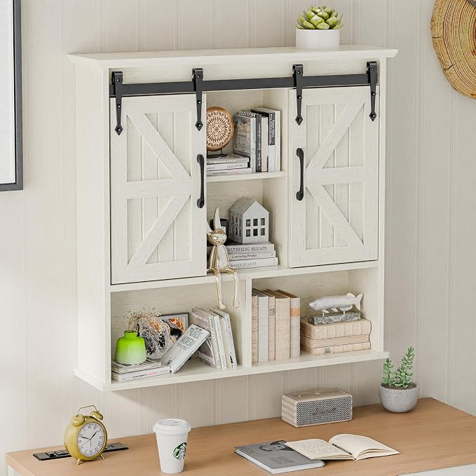 Vabches Bathroom Wall Cabinet, Farmhouse Medicine Cabinet, White | Wooden Vintage Storage Cabinet Wall Mounted with Double Sliding Barn Door and Adjustable Shelf for Bathroom, Kitchen