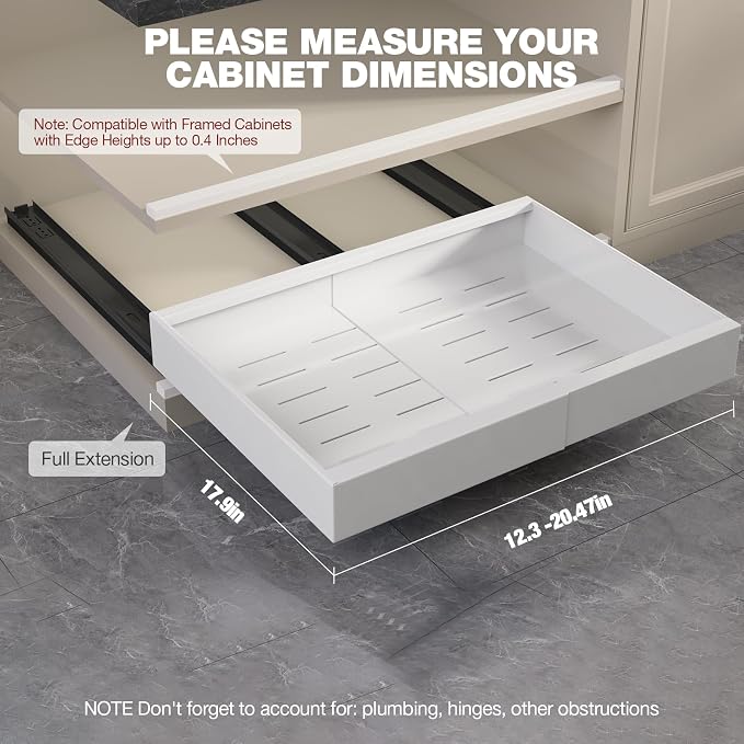 Seinloes 2 Pack Pull Out Cabinet Organizer 18" Deep,Full Extension 3 Slide Rails Slide Out Drawers With Raising Pad for Framed Cabinets,Expandable Width (12.3"-20.5"),No Drill Roll Out shelf,White