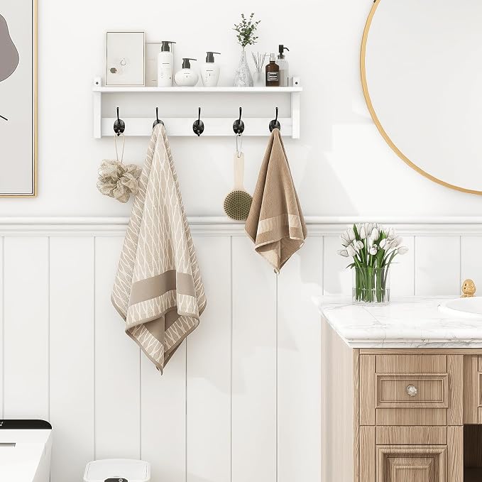 Coat Rack with Shelf Wall Mount, 24 Inch Long Wall Shelf with Hooks Underneath, Wood Hanging Coat Hanger with Hat Shelves for Entryway, Bathroom, Mudroom, White