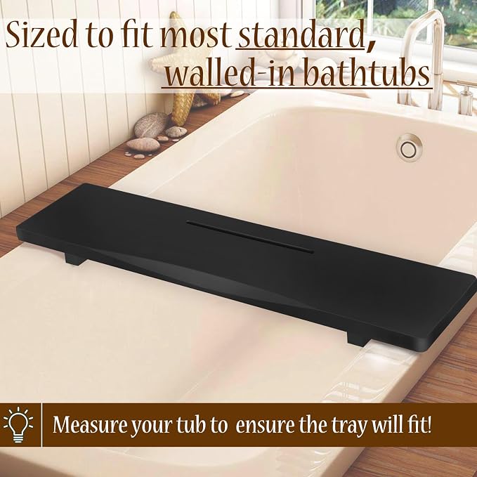Black Bamboo Bathtub Tray Caddy with Adjustable Legs, for Standard Tub | Minimalistic Design, 29.5"L Thick Board, Fit Standard and Against Wall Bath Tubs, Bathtub Accessories, Gift Idea for Women