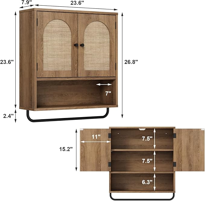 RUSTOWN Rattan Bathroom Wall Cabinet, Boho Medicine Cabinet with 2 Doors | Arched Doors, Farmhouse Over The Toilet Storage Cabinets, Adjustable Shelves, Towel Bar, 3-Tier Wall Mounted Cabinets