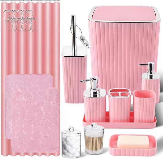 XLHOMO Bathroom Set with Shower Curtain and Rugs- 25PC Pink Bathroom Accessories, Shower Curtain Set, Toilet Brush, Trash Can, Qtip Holder & Soap Dispenser