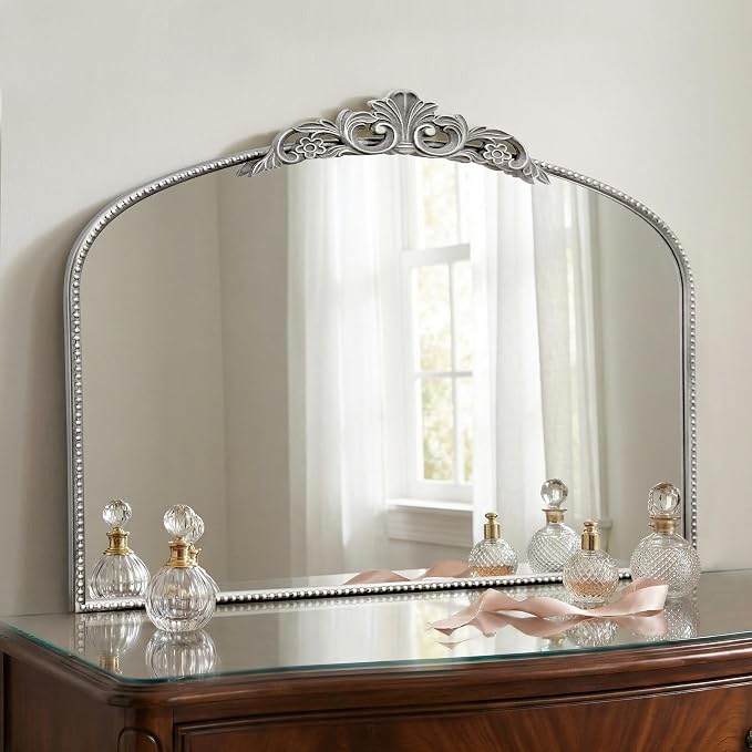 Micasso Vintage Silver Arched Mirror: 32"x24" Baroque Antique Vanity Mirror | Traditional Ornate French Decorative Wall Mirror for Bedroom/Bathroom/Entryway/Hallway/Dresser/Mantel/Nightstand/Over Sink