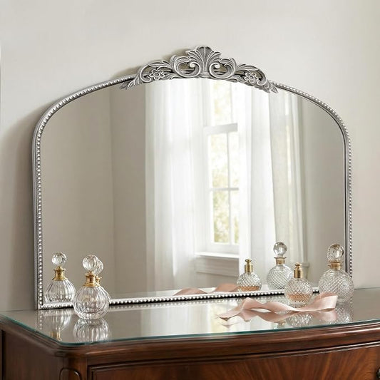 Micasso Vintage Silver Arched Mirror: 32"x24" Baroque Antique Vanity Mirror | Traditional Ornate French Decorative Wall Mirror for Bedroom/Bathroom/Entryway/Hallway/Dresser/Mantel/Nightstand/Over Sink