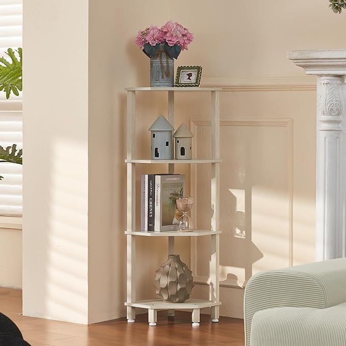 YUFAM 4-Tier Corner Shelf, Grey White | Wooden Corner Bookshelf for Small Spaces, Corner Standing Shelf with Sturdy 5-Leg Base
