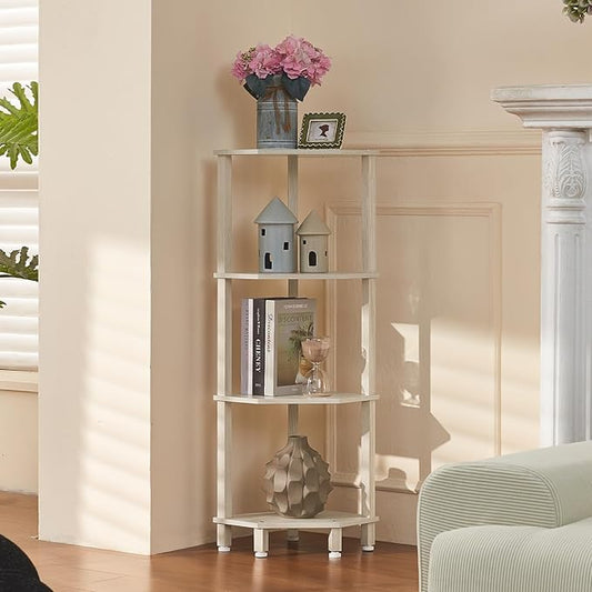 YUFAM 4-Tier Corner Shelf, Grey White | Wooden Corner Bookshelf for Small Spaces, Corner Standing Shelf with Sturdy 5-Leg Base