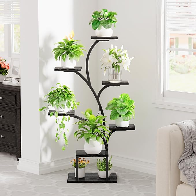 BACEKOLL Plant Stand Indoor with Grow Light, 7 Tier 49" Lighted Plant Shelf | Tree-Shaped Tall Holder with Full Spectrum Light for Indoor Growing, Sturdy Metal Rack for Home Corner, Space-Saving, Black