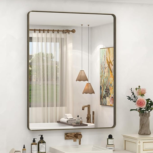 28x36 Inch Brushed Bronze Framed Mirror | Metal Bronze Bathroom Vanity Mirror for Wall, Rounded Rectangle, Anti-rust, Tempered Shatterproof (Horizontal/Vertical)