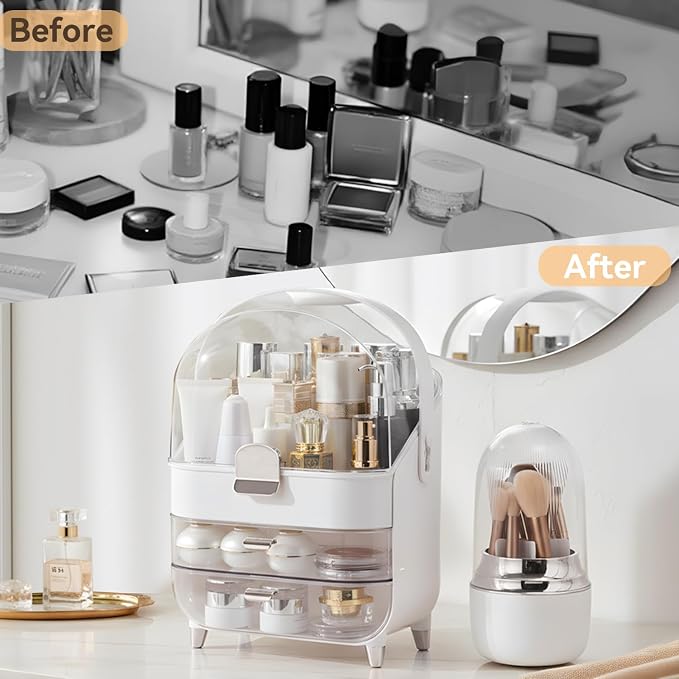 Makeup Organizer for Vanity with Brush Holder, Lid and 2 Drawers, Sliver | Large Capacity Bathroom Counter Organizer for Skincare, Cosmetic Storage, Dustproof, Waterproof, Teen Girl Gifts