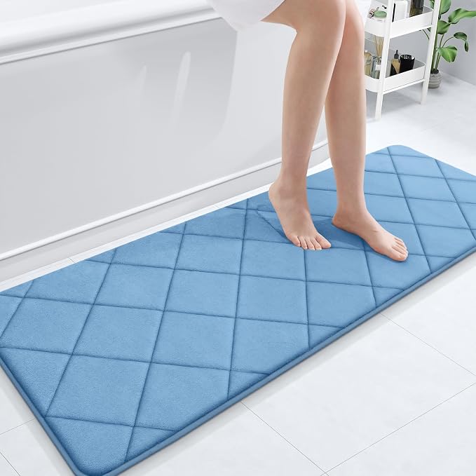 OLANLY Memory Foam Bath Mat 59x20, Ultra Soft and Absorbent Bathroom Rugs | Blue, Quick Dry, Machine Washable Shower Bath Rugs, Comfortable Bath Carpet for Bathroom Floor, Tub and Shower