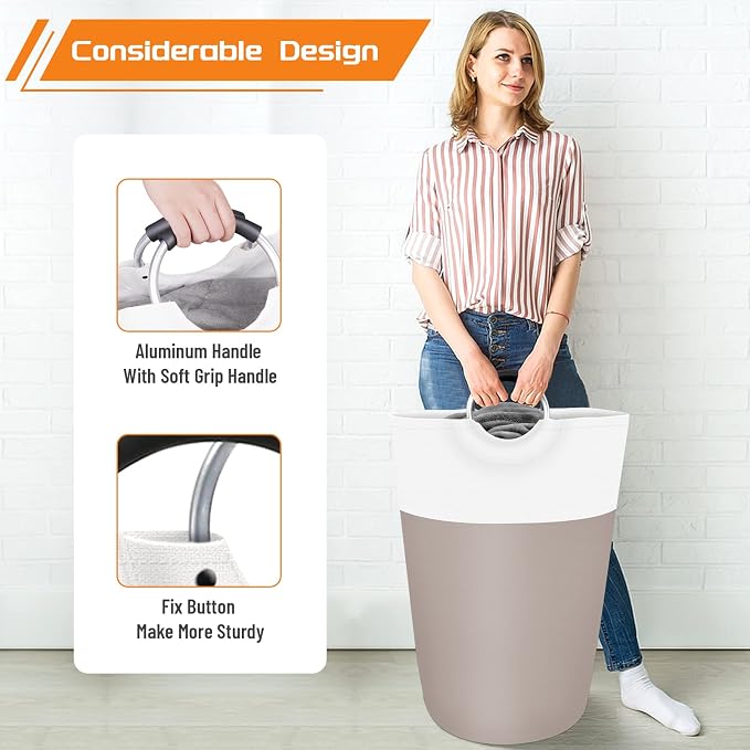 BlissTotes 75L Laundry Basket, Freestanding Collapsible Hamper, Brown | Collapsible Dirty Clothes Hamper, Foldable Laundry Bag for Dorm, Waterproof Fabric, Padded Aluminum Handles